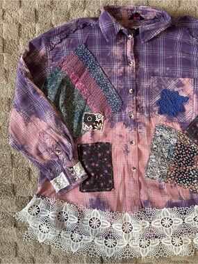 No Boundaries Upcycled Patchwork Lace Hem Flannel Shirt Large Free People Vibes